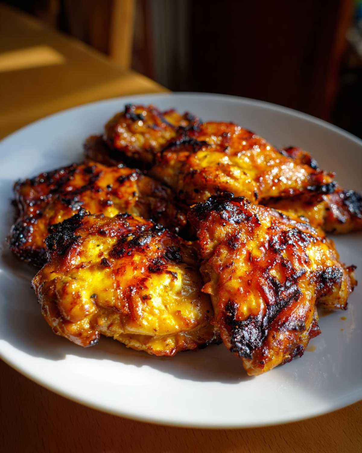 Close-up of several pieces of juicy, glazed Grilled Vietnamese Chicken with charred edges on a white plate.