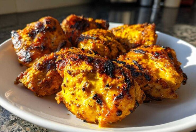 Close-up of several pieces of juicy, charred Grilled Vietnamese Chicken served on a white plate.