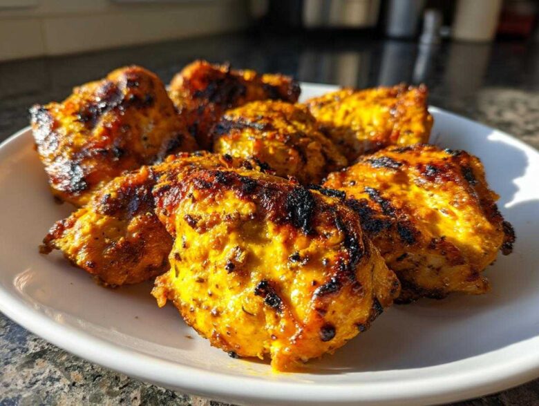Close-up of several pieces of juicy, charred Grilled Vietnamese Chicken served on a white plate.