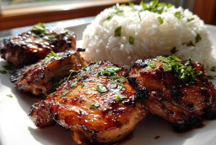 Four pieces of glazed Hawaiian Chicken served next to a mound of fluffy Coconut Rice, garnished with fresh herbs.