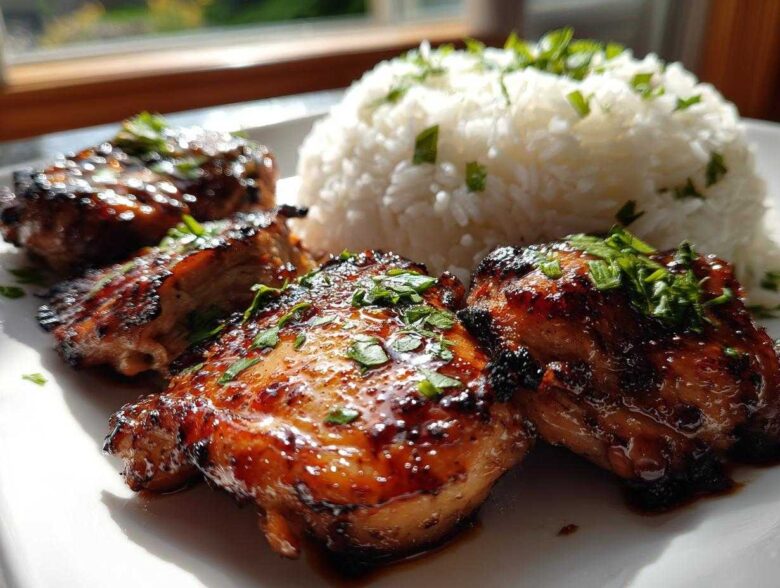 Four pieces of glazed Hawaiian Chicken served next to a mound of fluffy Coconut Rice, garnished with fresh herbs.