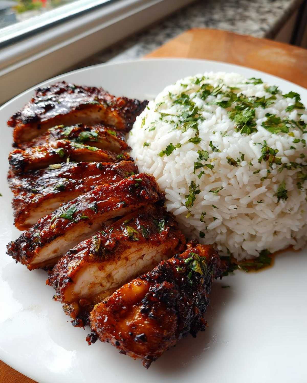 Close-up of sliced, glazed Hawaiian Chicken served next to a mound of white Coconut Rice topped with fresh herbs.