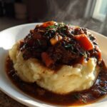 A steaming bowl featuring a mound of creamy mashed potatoes topped with rich Hearty Lentil Stew and fresh herbs.