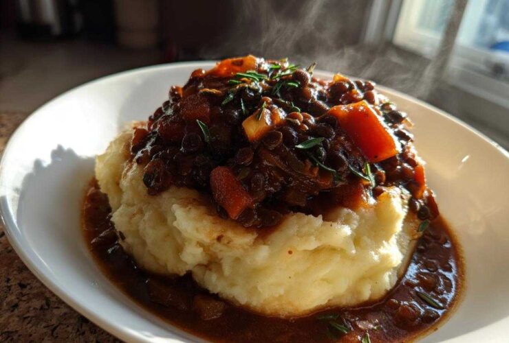 A steaming bowl featuring a mound of creamy mashed potatoes topped with rich Hearty Lentil Stew and fresh herbs.