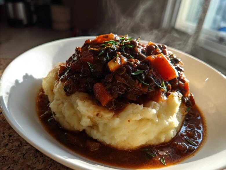 A steaming bowl featuring a mound of creamy mashed potatoes topped with rich Hearty Lentil Stew and fresh herbs.