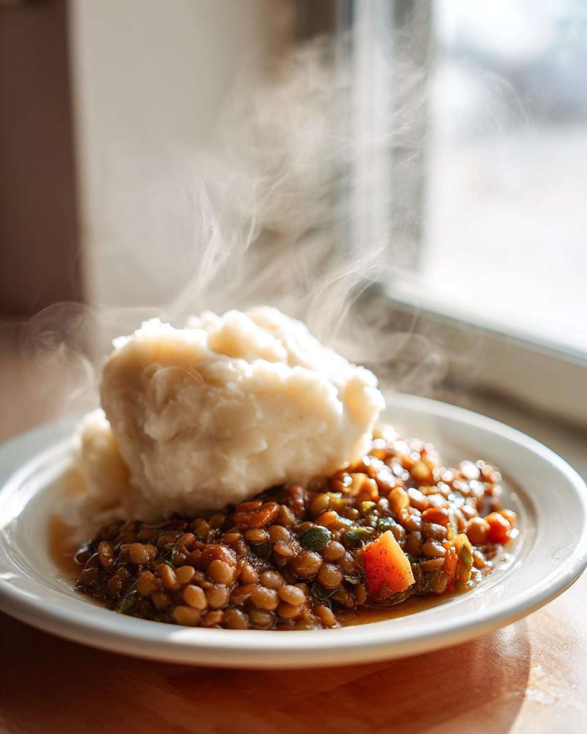 A steaming plate featuring Hearty Lentil Stew served alongside a large scoop of creamy mashed potatoes.