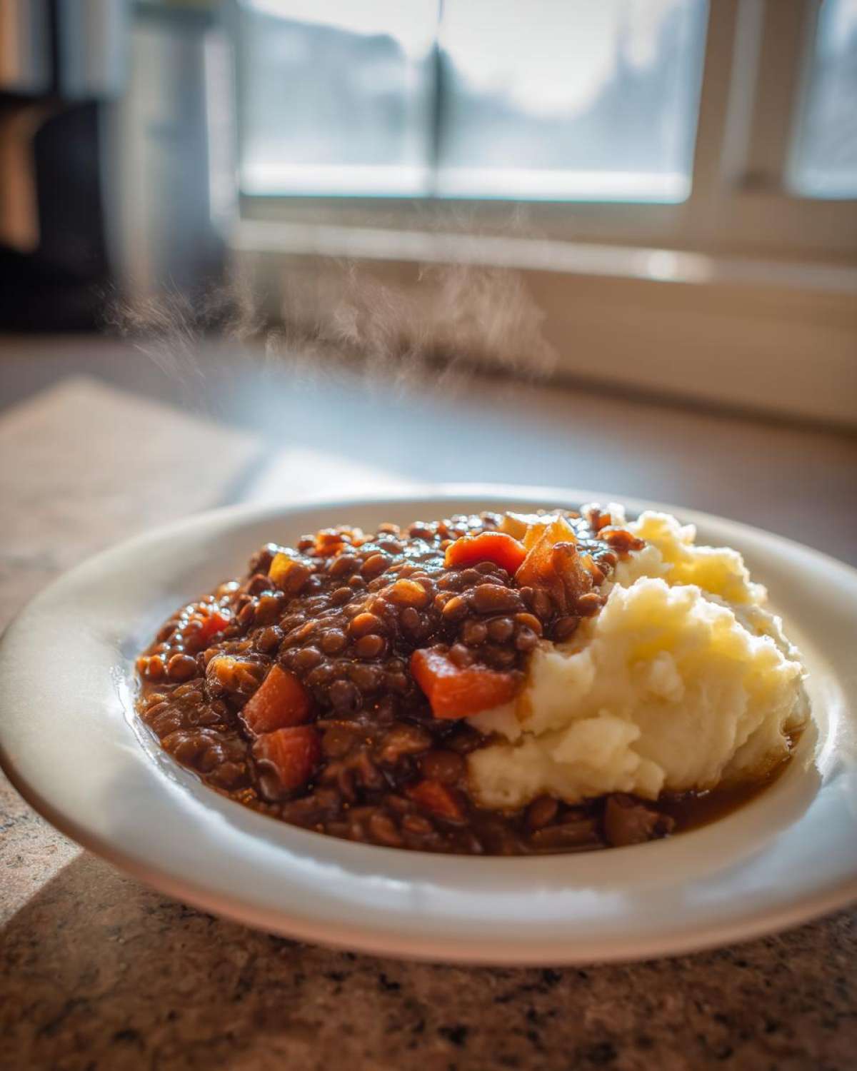 A steaming plate of Hearty Lentil Stew with Creamy Mashed Potatoes served on a white plate.