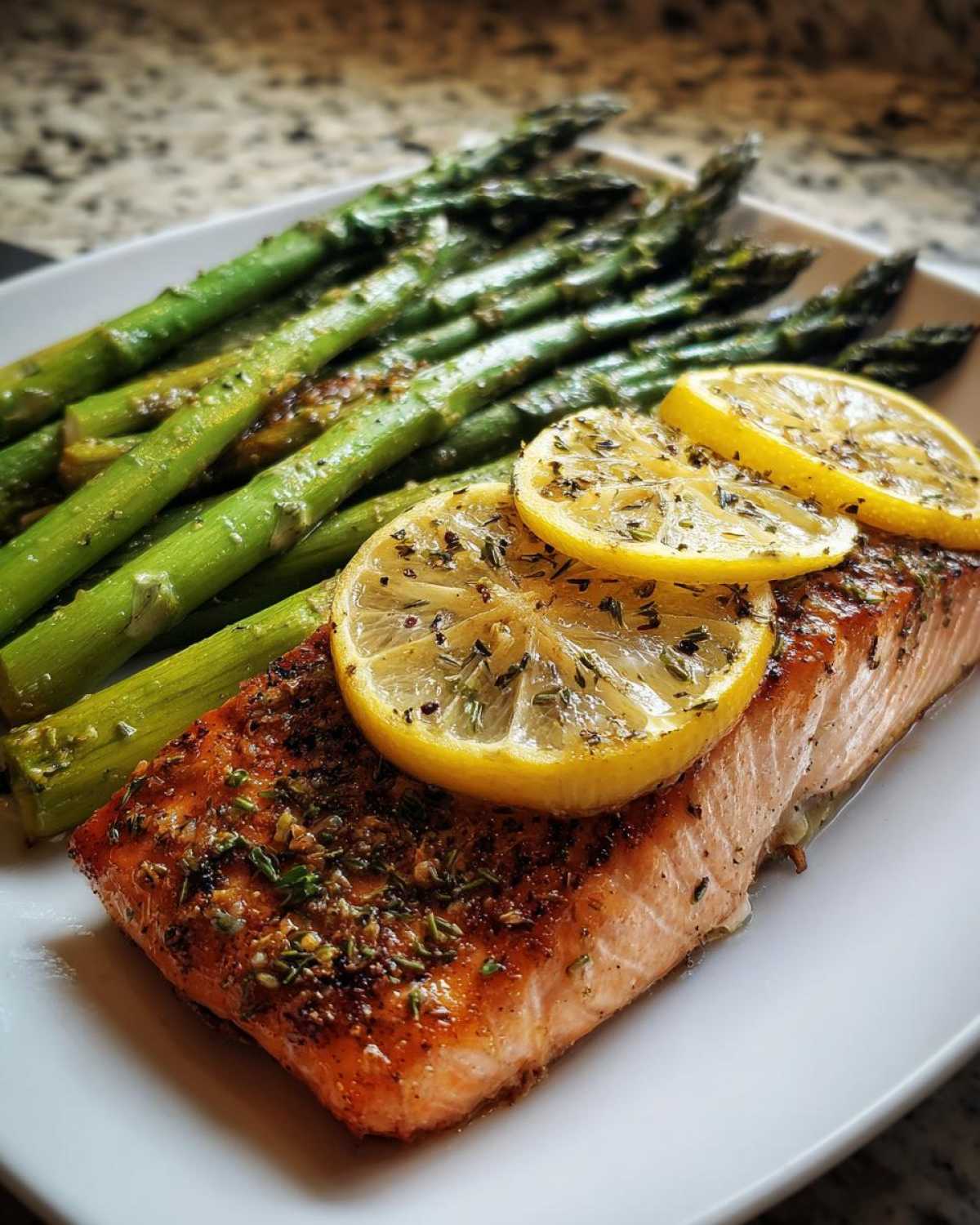 A perfectly cooked salmon fillet served with roasted asparagus, topped with lemon slices and herbs, illustrating High Protein Meals.