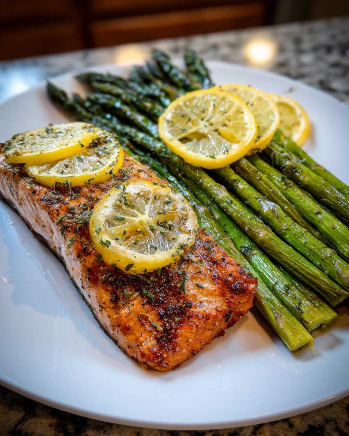 Seared salmon fillet served with roasted asparagus and lemon slices, a perfect example of High Protein Meals That Melt Belly Fat Fast Without Dieting.