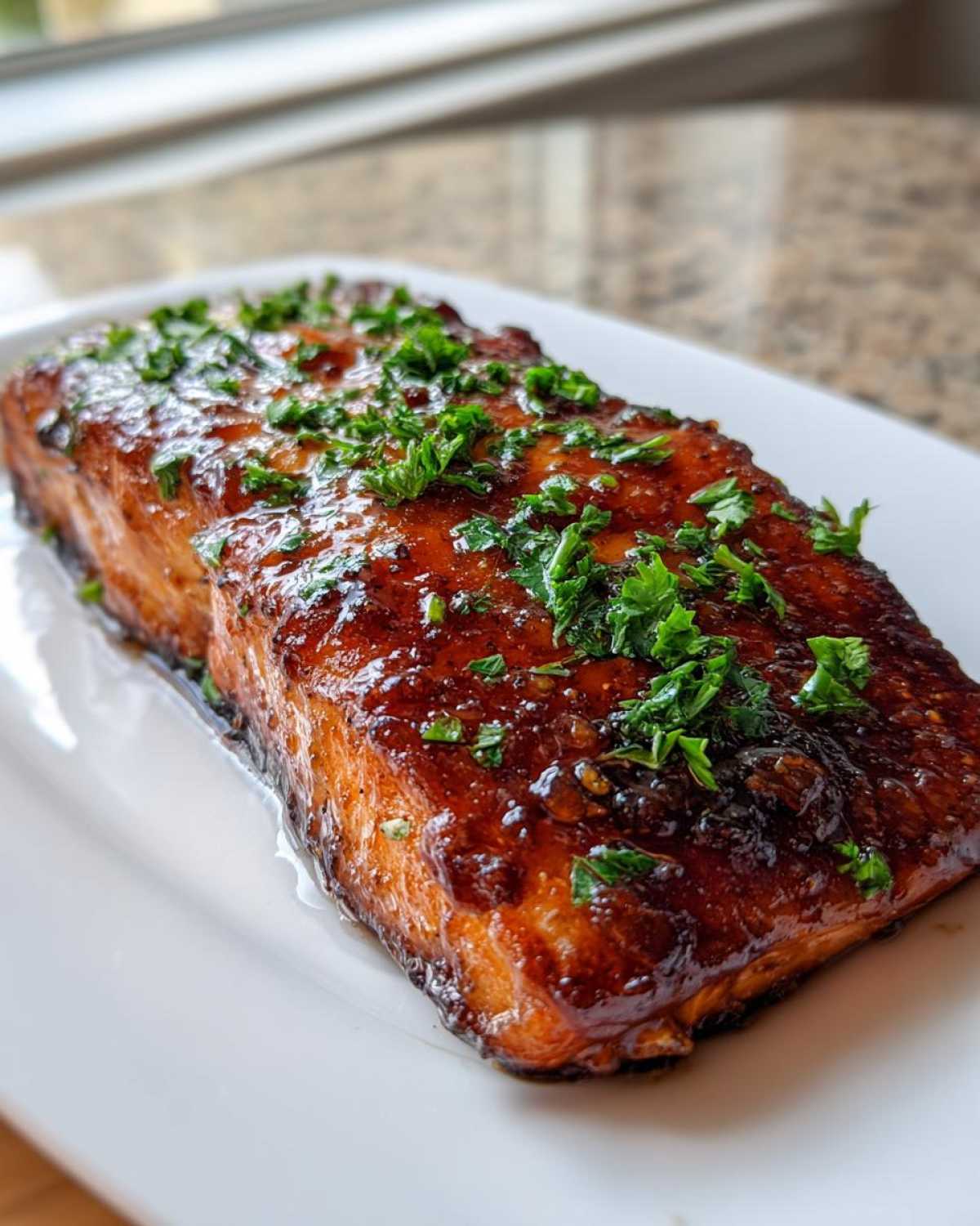 Close-up of a perfectly cooked Honey Garlic Glazed Salmon fillet topped with fresh chopped parsley.