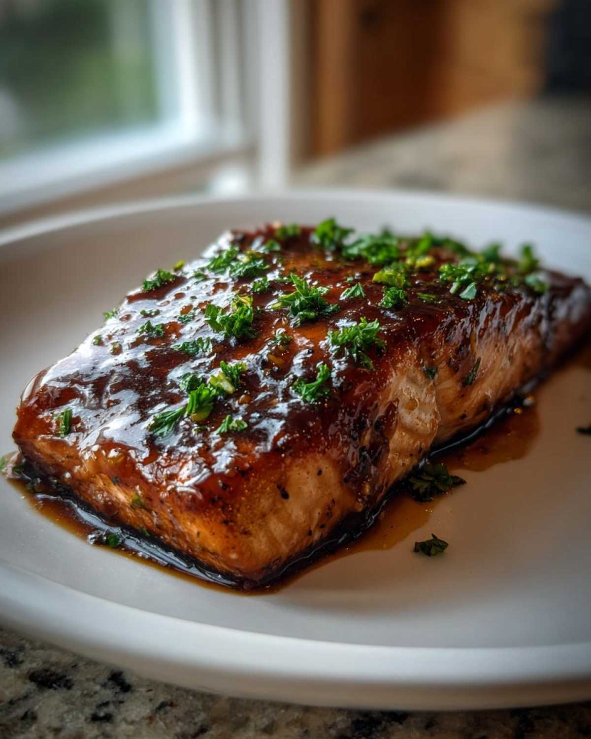 Close-up of a perfectly cooked Honey Garlic Glazed Salmon fillet topped with fresh chopped parsley.