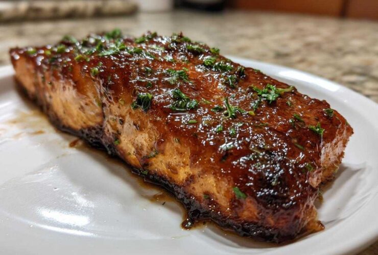 A perfectly cooked fillet of Honey Garlic Glazed Salmon, glistening with a rich brown sauce and topped with fresh parsley.
