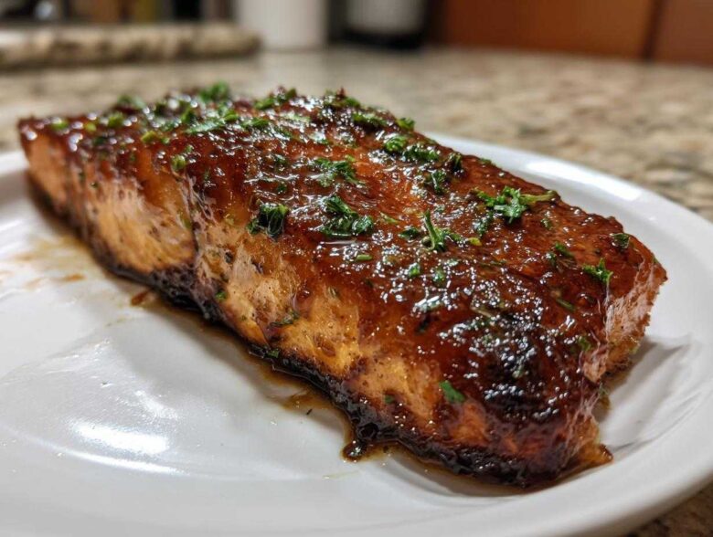 A perfectly cooked fillet of Honey Garlic Glazed Salmon, glistening with a rich brown sauce and topped with fresh parsley.