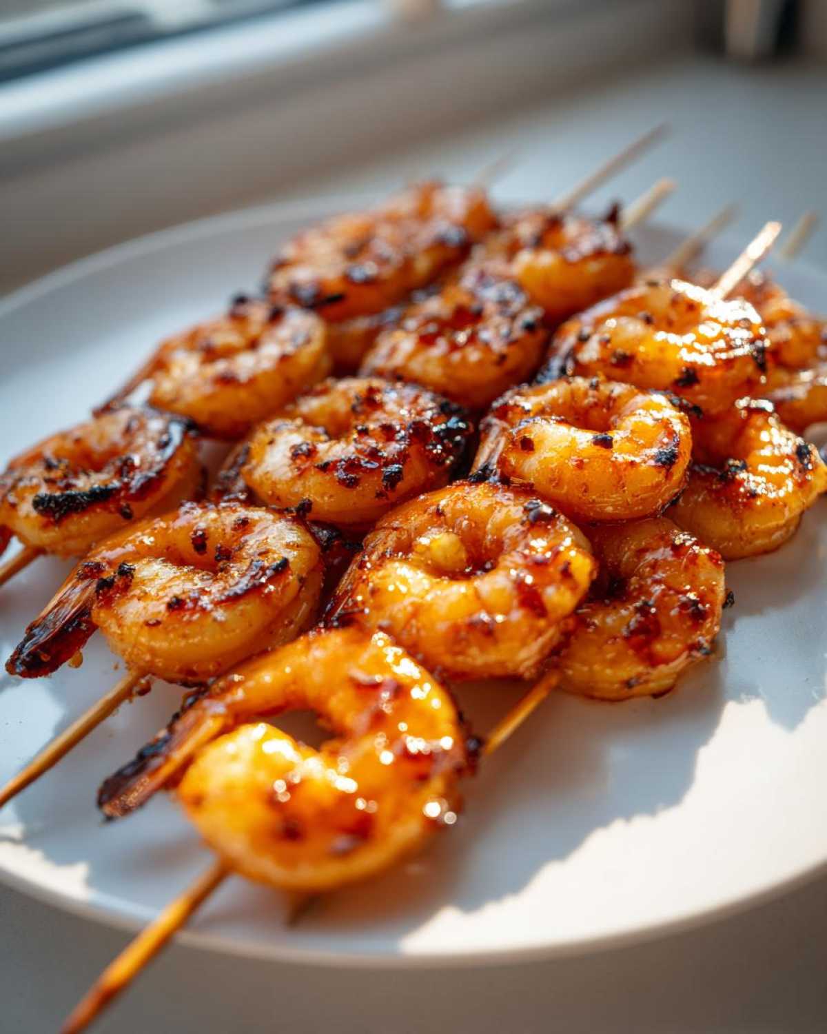 Close-up of several skewers loaded with glistening Honey Garlic Grilled Shrimp, showing char marks and a sticky glaze.