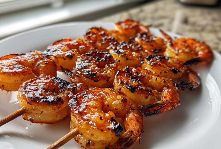 Close-up of perfectly grilled Honey Garlic Grilled Shrimp skewers glistening with glaze on a white plate.