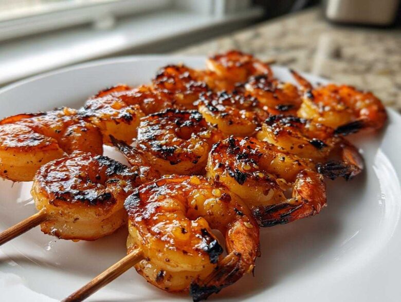 Close-up of perfectly grilled Honey Garlic Grilled Shrimp skewers glistening with glaze on a white plate.