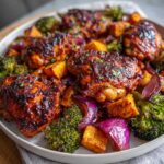 Close-up of Honey Harissa Chicken thighs glazed richly, served over roasted sweet potatoes, broccoli, and red onions.