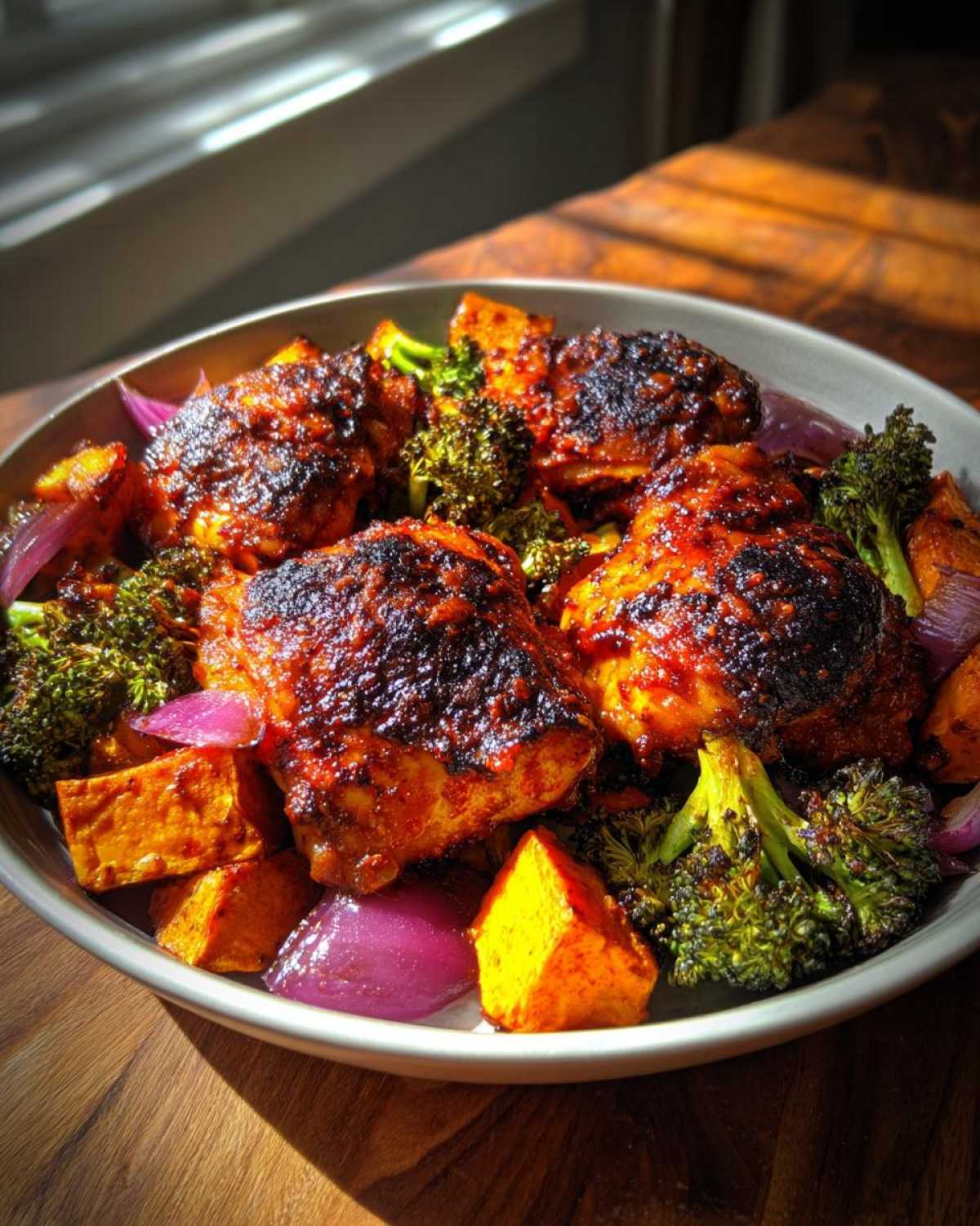 Four pieces of deeply glazed Honey Harissa Chicken served with roasted sweet potatoes, broccoli florets, and red onion wedges.