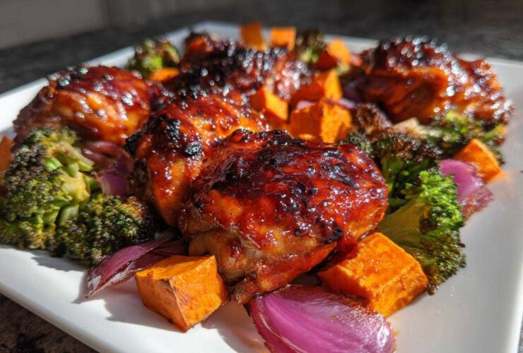 Close-up of glazed Honey Harissa Chicken thighs served with roasted broccoli, sweet potatoes, and red onion.