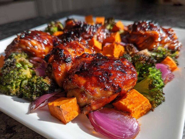 Close-up of glazed Honey Harissa Chicken thighs served with roasted broccoli, sweet potatoes, and red onion.