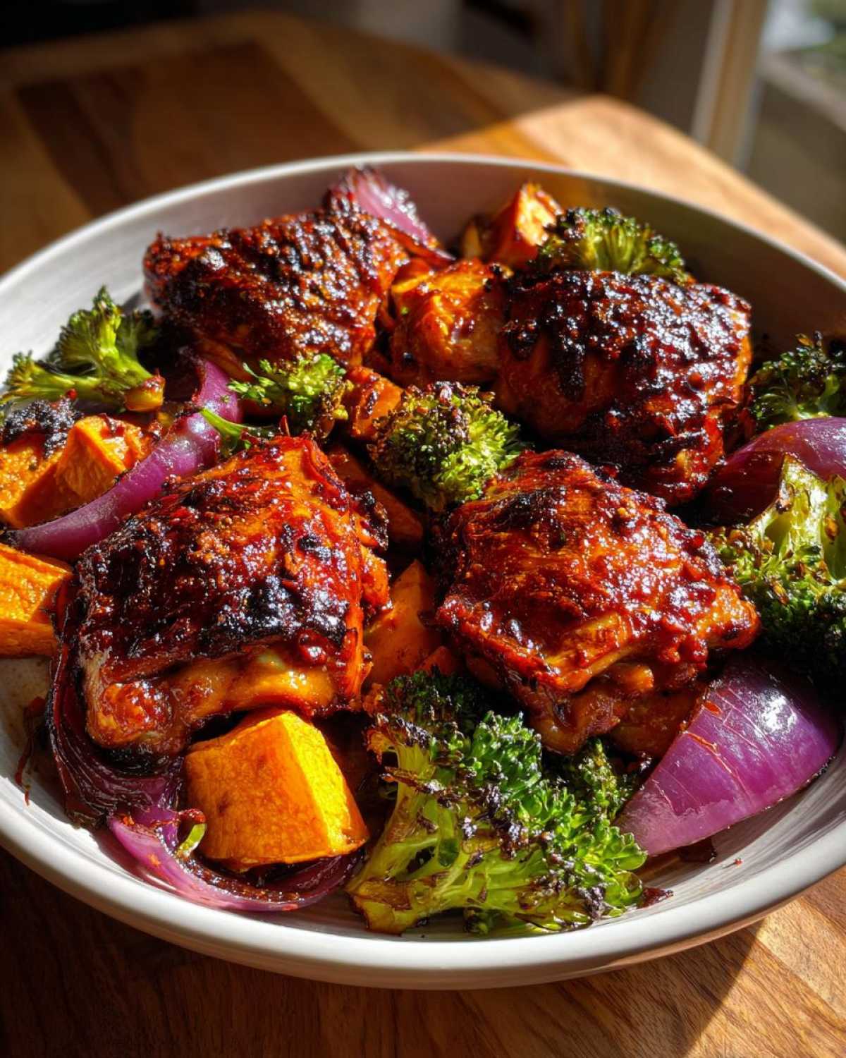 Four pieces of glazed Honey Harissa Chicken served with roasted sweet potatoes, broccoli, and red onion wedges.