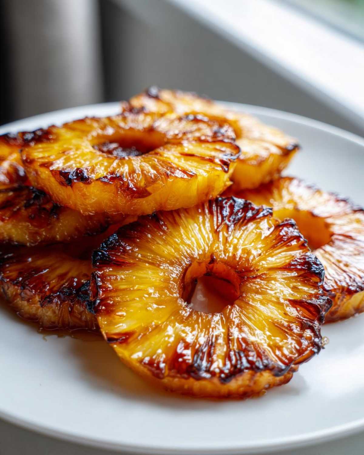 Close-up of caramelized Honey Lime Roasted Pineapple rings stacked on a white plate, showing glossy, browned edges.