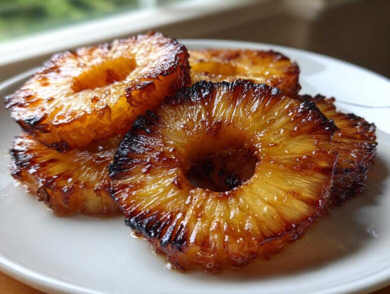 Close-up of caramelized Honey Lime Roasted Pineapple rings stacked on a white plate, showing glossy, browned edges.