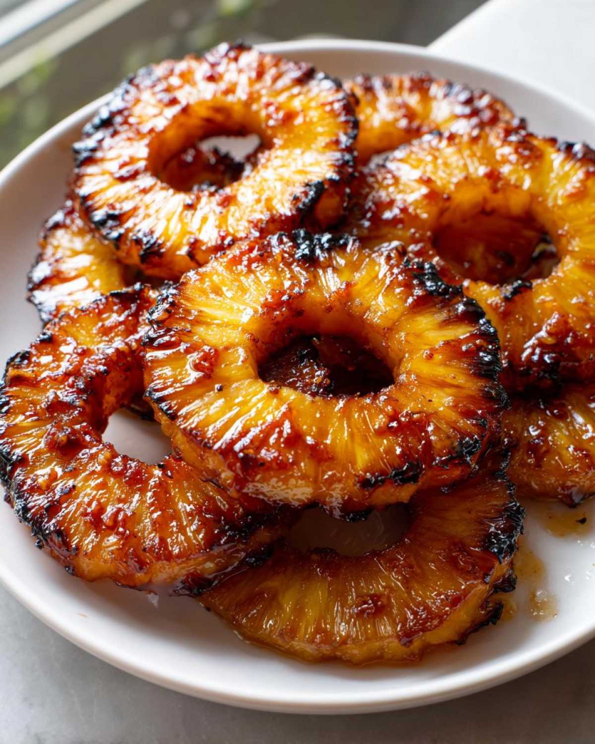 Close-up of several caramelized Honey Lime Roasted Pineapple rings stacked on a white plate, showing glossy glaze and slight charring.