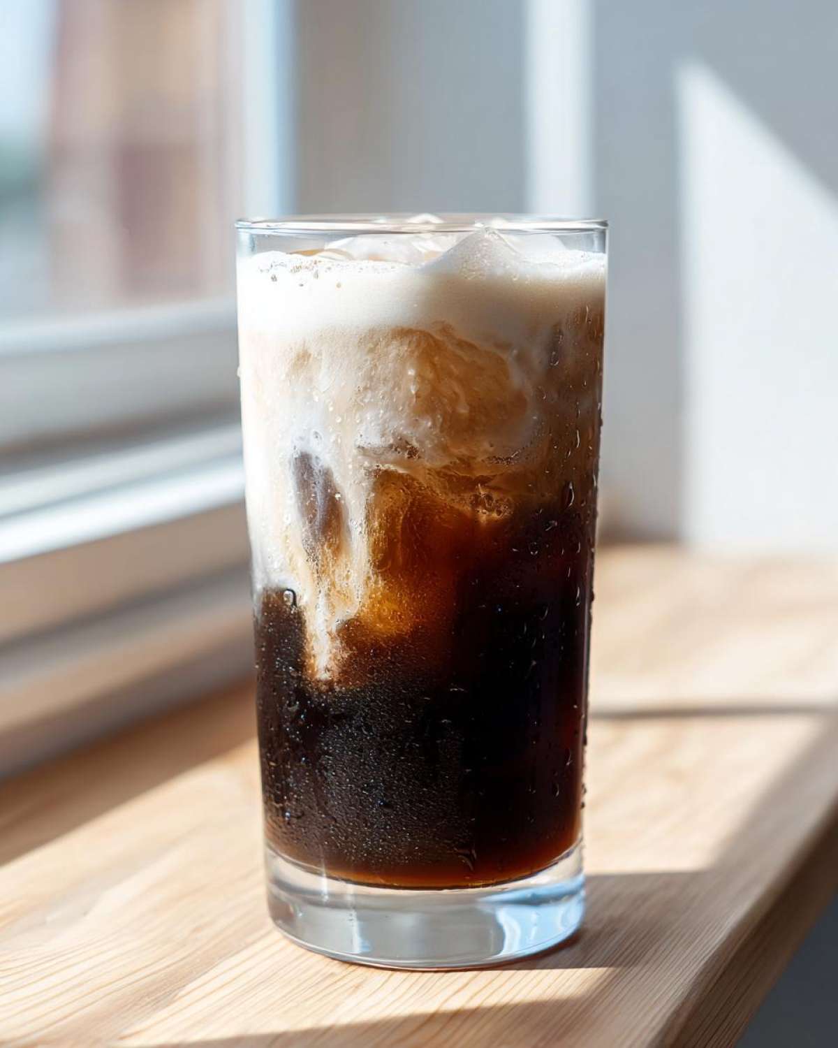 A tall glass of iced Vanilla Latte showing dark coffee mixing with creamy foam, condensation on the glass.