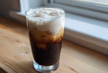 A tall glass of iced Vanilla Latte with rich, dark coffee, ice cubes, and a thick layer of white foam.
