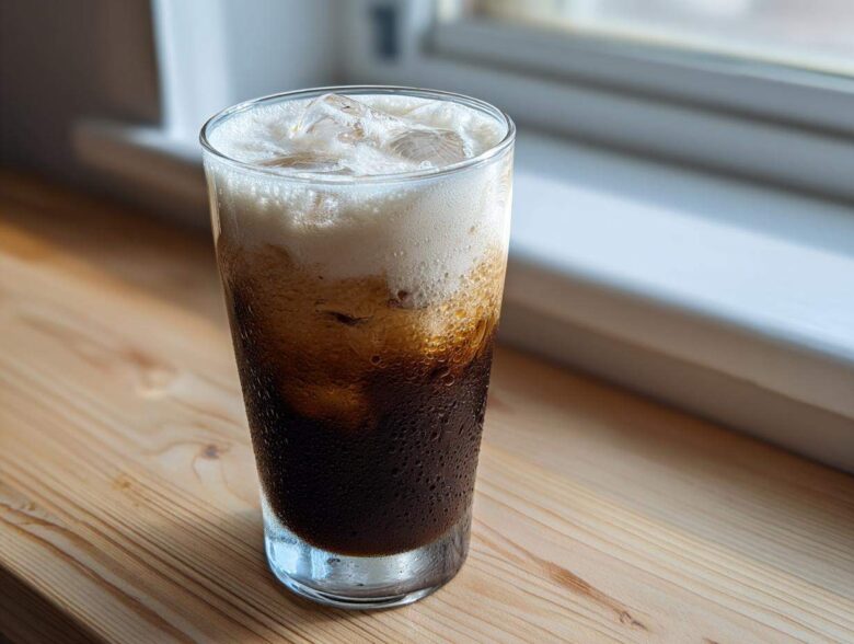 A tall glass of iced Vanilla Latte with rich, dark coffee, ice cubes, and a thick layer of white foam.