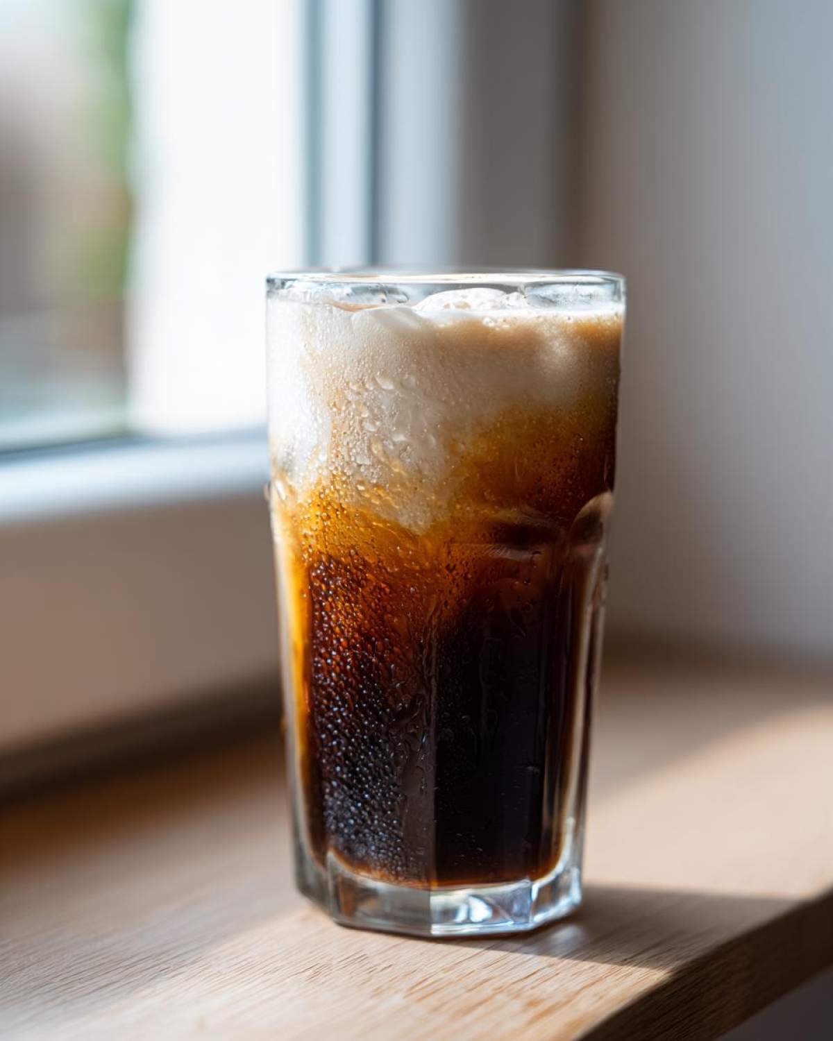 A tall glass of iced Vanilla Latte showing dark coffee, ice, and a layer of light foam near the top, sitting on a wooden surface.