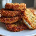 Close-up of a stack of Impossibly Crispy Baked Eggplant pieces with a golden-brown, seasoned crust.