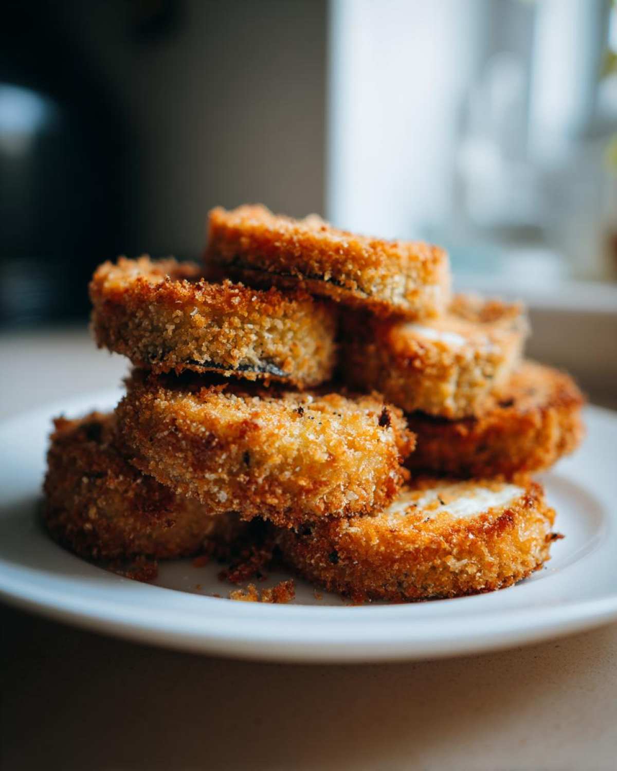 A stack of golden brown, breaded, and Impossibly Crispy Baked Eggplant slices piled on a white plate.
