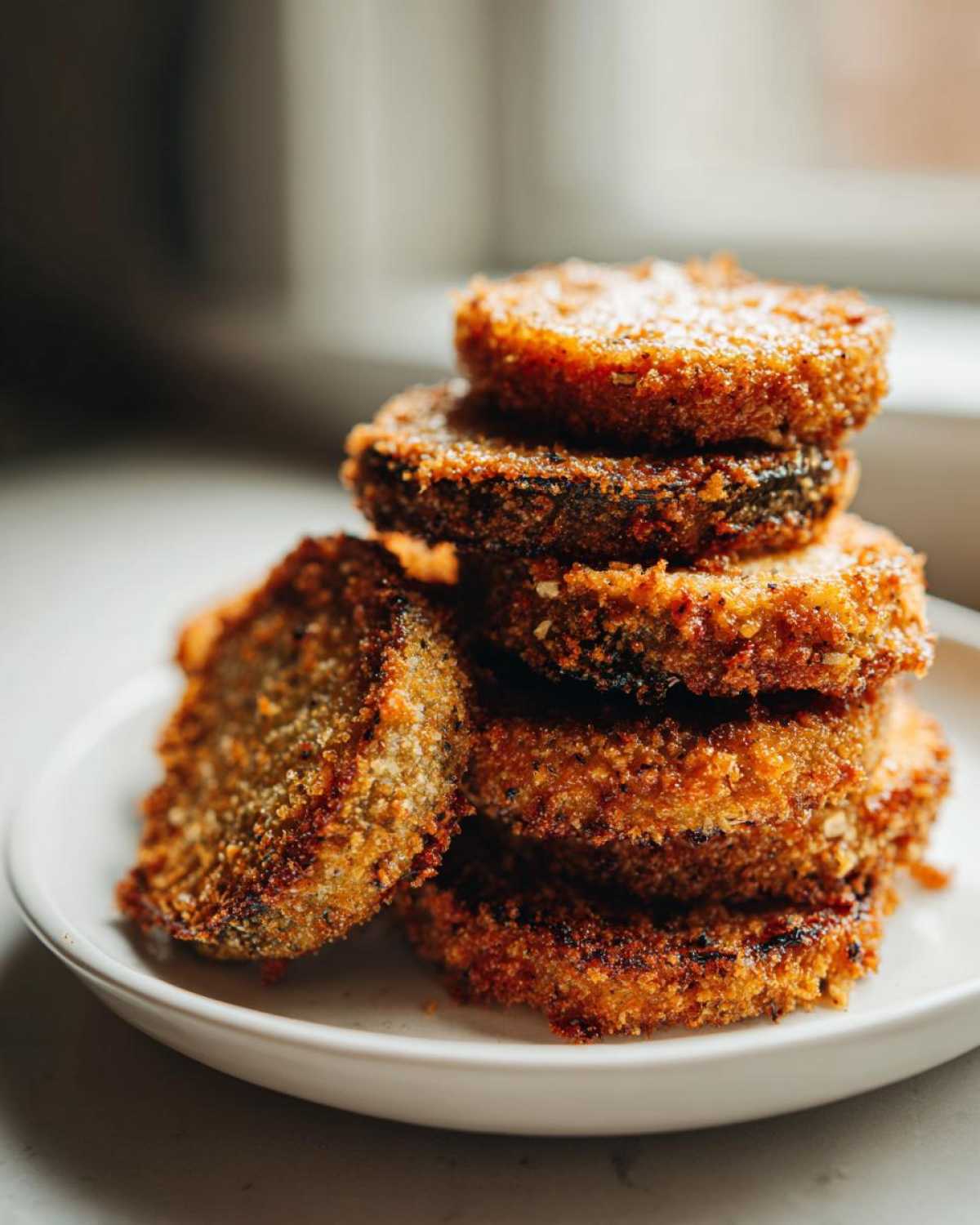A stack of golden-brown, breaded slices of Impossibly Crispy Baked Eggplant on a white plate.