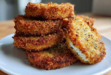 Close-up of a stack of Impossibly Crispy Baked Eggplant pieces with a golden-brown, seasoned crust.