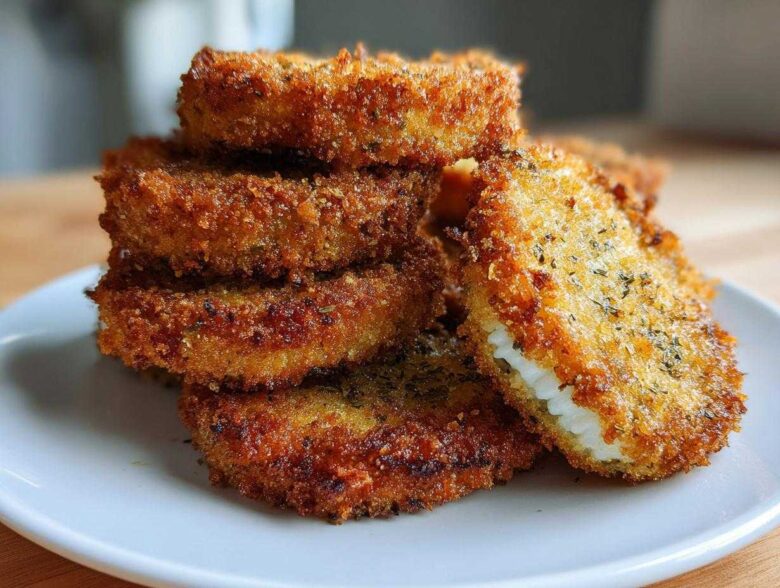 Close-up of a stack of Impossibly Crispy Baked Eggplant pieces with a golden-brown, seasoned crust.