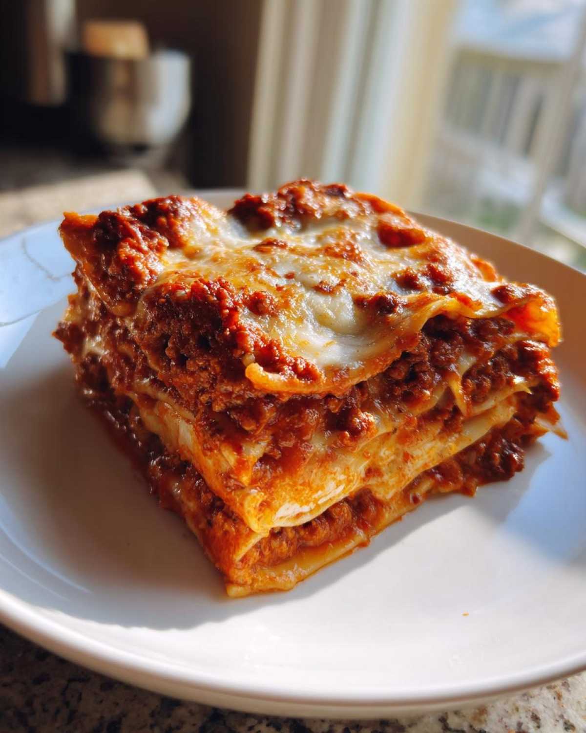 A perfectly layered slice of rich Italian Lasagna with meat sauce and melted cheese topping, served on a white plate.