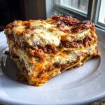 A thick, towering slice of Italian Lasagna featuring layers of pasta, rich meat sauce, and creamy cheese, served on a white plate.
