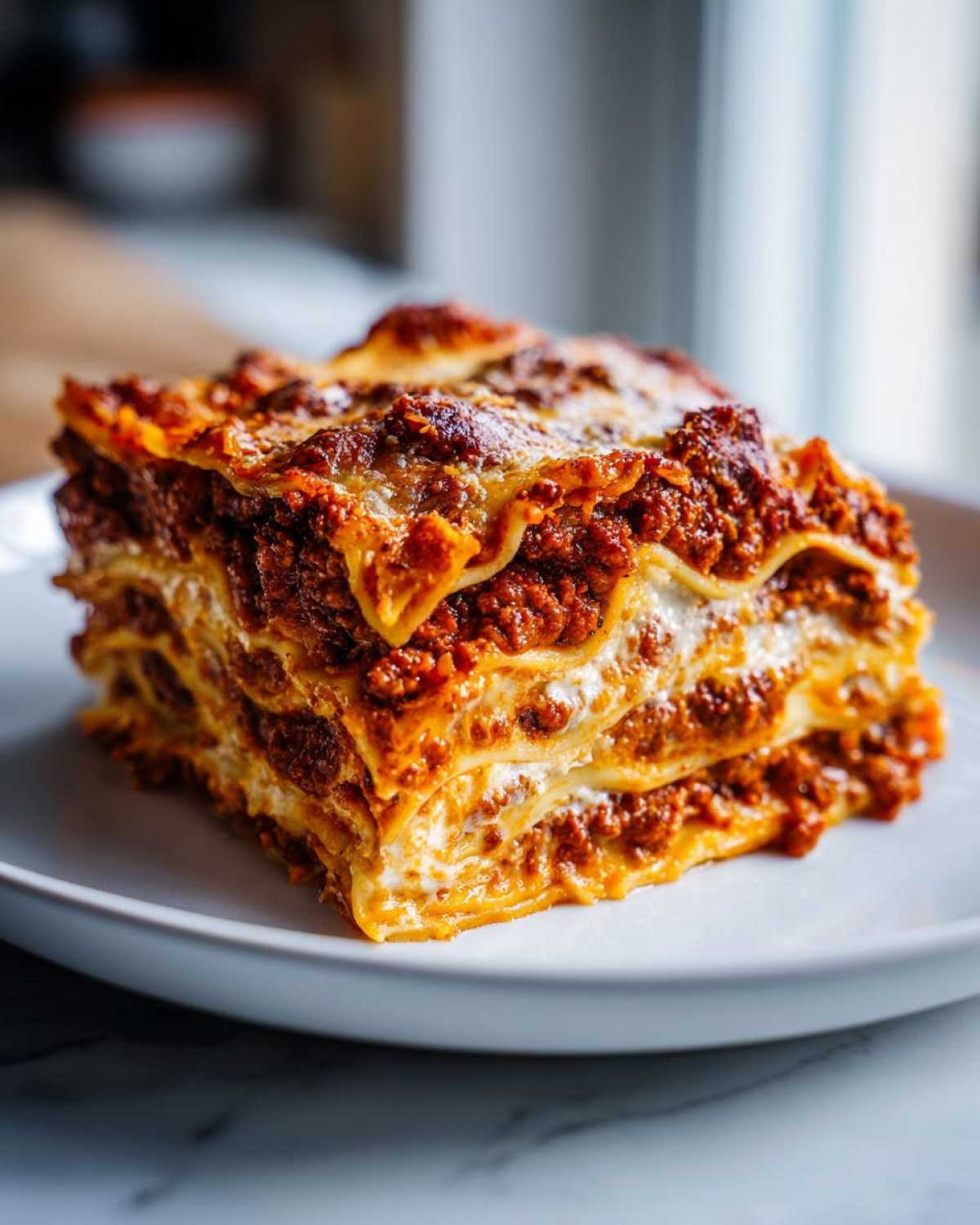 A thick, multi-layered slice of baked Italian Lasagna featuring rich meat sauce and creamy cheese filling.