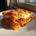 A generous, layered slice of Italian Lasagna with rich meat sauce and melted cheese topping, served on a white plate.