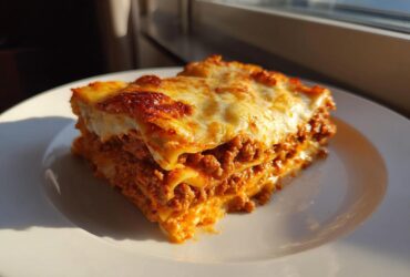 A generous, layered slice of Italian Lasagna with rich meat sauce and melted cheese topping, served on a white plate.