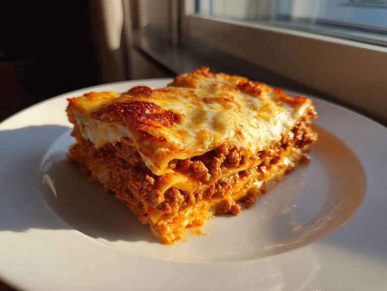A generous, layered slice of Italian Lasagna with rich meat sauce and melted cheese topping, served on a white plate.
