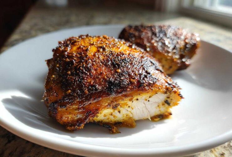 Close-up of a juicy Garam Masala Chicken Thighs piece, showing the perfectly cooked white interior and dark, spiced crust.