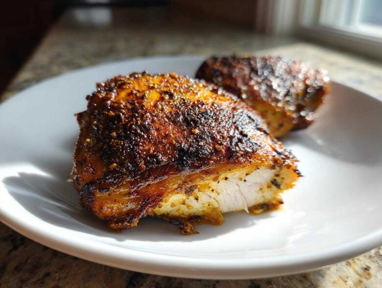 Close-up of a juicy Garam Masala Chicken Thighs piece, showing the perfectly cooked white interior and dark, spiced crust.