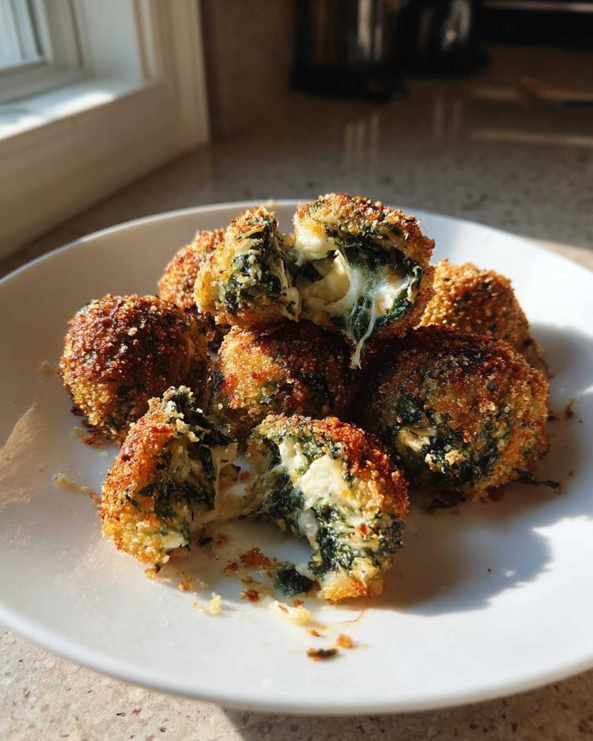 Close-up of crispy Knapperige Spinazie Bites met Feta, showing melted cheese oozing from a broken bite.