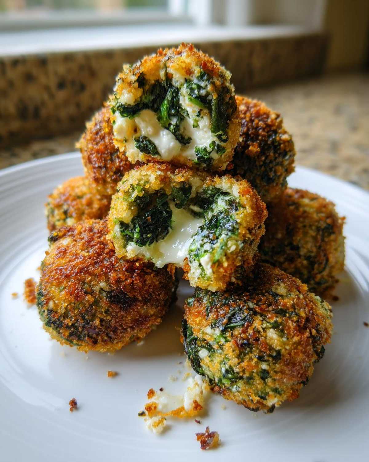A stack of golden brown Knapperige Spinazie Bites met Feta en Gesmolten Kaas, one is broken open showing spinach and melted cheese.