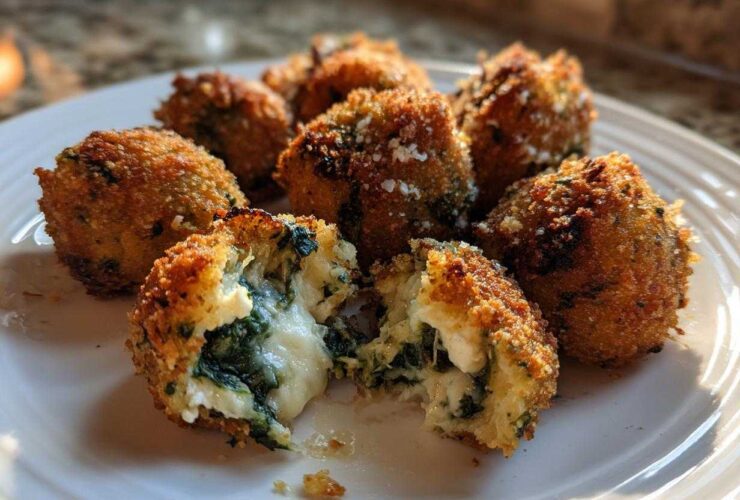 Close-up of crispy Knapperige Spinazie Bites met Feta, showing the melted cheese and spinach filling.