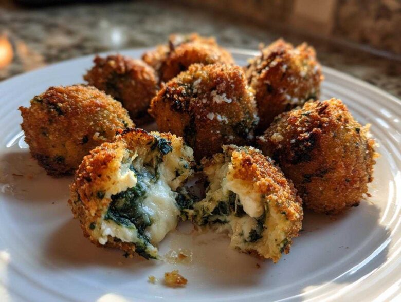 Close-up of crispy Knapperige Spinazie Bites met Feta, showing the melted cheese and spinach filling.