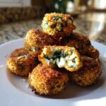 A stack of golden-brown, crispy Knapperige Spinazie Bites met Feta, one cut open showing melted cheese and spinach.